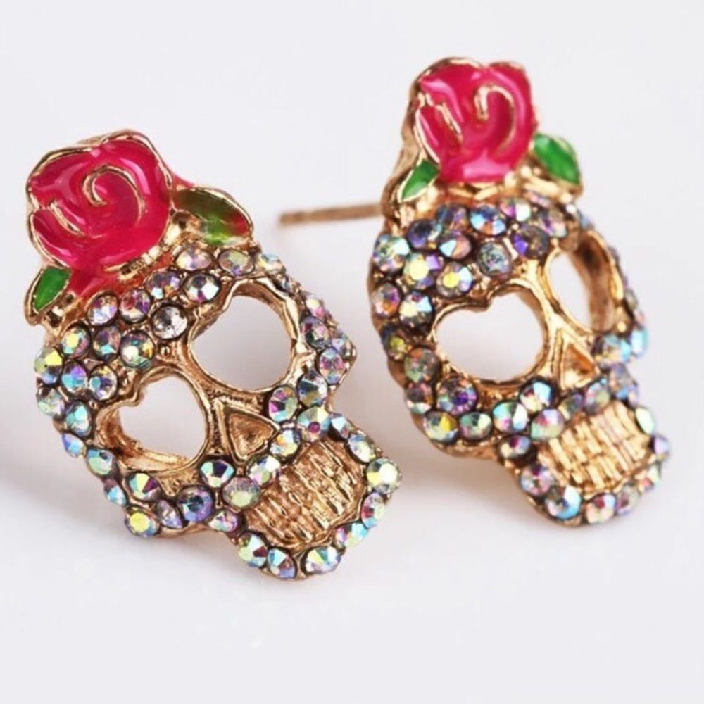 Dia De Los Muertos Sugar Skull Rose Crystal Earrings NWT